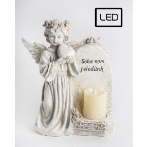   POLIREZIN LED GYERTYA, ANGYAL SZÍVVEL,  SOHA NEM FELEDÜNK FELIRAT
