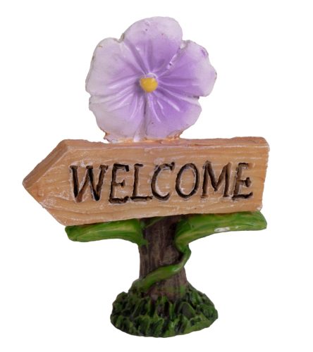 POLIREZIN TÁBLA, WELCOME FELIRATTAL, LILA VIRÁGGAL, BARNA
