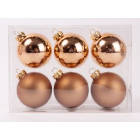   ÜVEG KARÁCSONYI DÍSZ GÖMB SZETT PVC DOBOZBAN, 6 DARABOS, BRONZ
