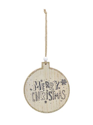 DEKOR FA LÓGÓDÍSZ GÖMB, MERRY CHRISTMAS FELIRATTAL, NATÚR