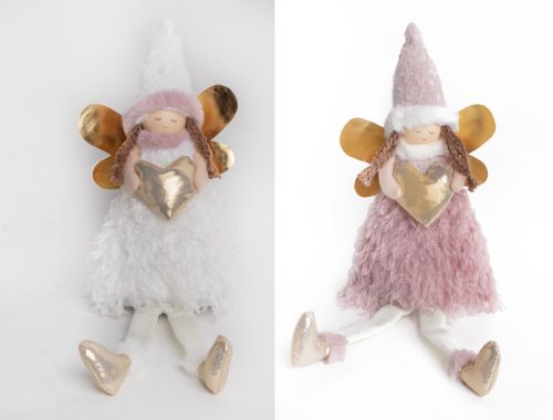 TEXTIL ANGYAL, ÁLLÓ, LÓGÓ LÁBBAL, ARANY SZÍVVEL, FEHÉR VAGY MÁLYVA