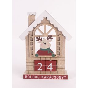   FA ADVENTI KALENDÁRIUM, HÁZ ABLAKÁBAN RÉNSZARVAS, BOLDOG KARÁCSONYT FELIRAT