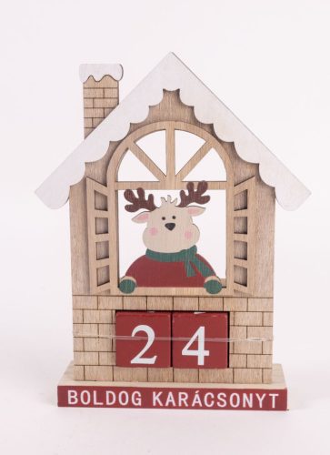FA ADVENTI KALENDÁRIUM, HÁZ ABLAKÁBAN RÉNSZARVAS, BOLDOG KARÁCSONYT FELIRAT