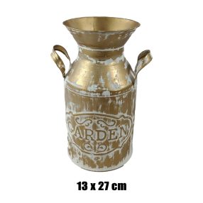 BÁDOG VÁZA, 2 FÜLLEL, ARANY, FEHÉR, GARDEN FELIRATTAL