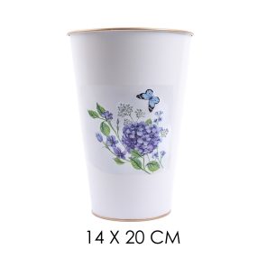 BÁDOG VÁZA, LILA HORTENZIA MINTÁS, FEHÉR