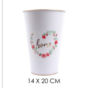 BÁDOG VÁZA, RÓZSA MINTÁS, HOME FELIRATTAL, FEHÉR