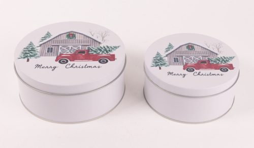 BÁDOG DOBOZ, 2 RÉSZES, AUTÓ ÉS FENYŐFA MINTÁS, MERRY CHRISTMAS FELIRATTAL