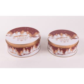  BÁDOG DOBOZ, 2 RÉSZES, FENYŐERDŐ MINTÁS, MERRY CHRISTMAS FELIRATTAL