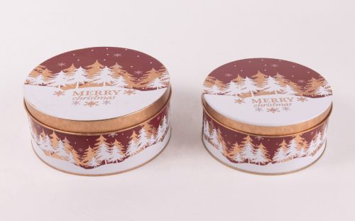 BÁDOG DOBOZ, 2 RÉSZES, FENYŐERDŐ MINTÁS, MERRY CHRISTMAS FELIRATTAL