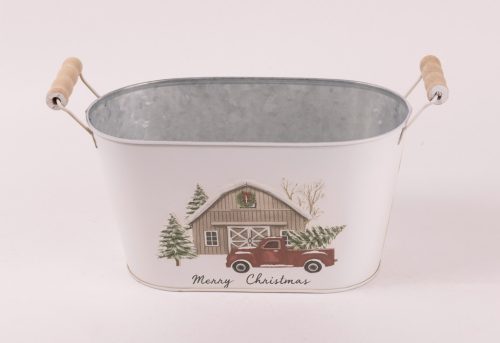 BÁDOG KASPÓ, OVÁLIS ALAKÚ, 2 FÜLLEL, AUTÓ ÉS FENYŐFA MINTÁS, MERRY CHRISTMAS FELIRATTAL