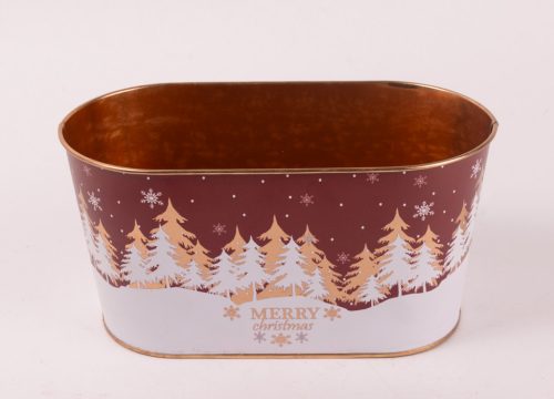 BÁDOG KASPÓ, OVÁLIS ALAKÚ, FENYŐERDŐ MINTÁS, MERRY CHRISTMAS FELIRATTAL