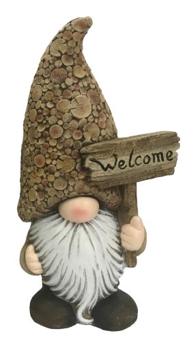 KÜLTÉRI ORRMANÓ TÁBLÁVAL, WELCOME FELIRATTAL, FA KÖRSZELETES SAPKÁBAN