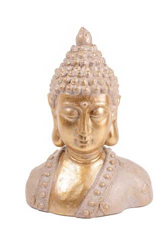KÜLTÉRI BUDDHA FEJ, ARANY SZÍNŰ ÉS KŐHATÁSÚ