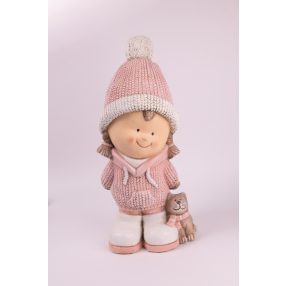 KÜLTÉRI LÁNY ÁLLÓ, CICÁVAL, RÓZSASZÍN RUHÁBAN