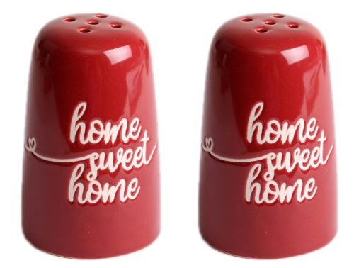 KERÁMIA SÓ ÉS BORSSZÓRÓ SZETT, 2 DARABOS, HOME SWEET HOME FELIRATTAL, PIROS