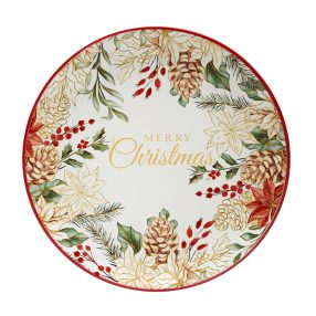 KERÁMIA TÁNYÉR, MERRY CHRISTMAS FELIRAT, TOBOZ ÉS ÁGAK