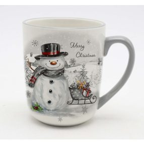   KERÁMIA BÖGRE, MERRY CHRISTMAS2 FELIRET, HÓEMBER ÉS SZÁN MINTÁS