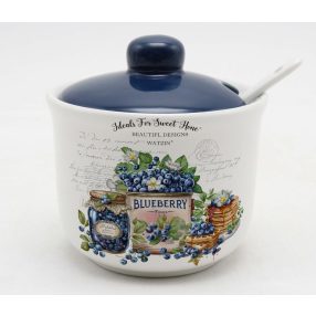   KERÁMIA CUKORTARTÓ KANÁLLAL, BLUEBERRY FELIRATTAL, ÁFONYÁS