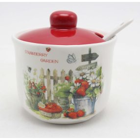   KERÁMIA CUKORTARTÓ KANÁLLAL,  STRAWBERRY GARDEN FELIRATTAL, EPRES