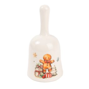   KERÁMIA CSENGŐ, MÉZESKALÁCS FIGURA AJÁNDÉKOKKAL, FEHÉR