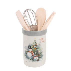   KERÁMIA TARTÓ FAKANALAKKAL, SZETTBEN, 5 DARABOS, HÓEMBEREK A KARÁCSONYFA ELŐTT, MERRY CHRISTMAS FELIRAT