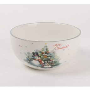   KERÁMIA TÁL, HÓEMBEREAK A KARÁCSONYFA ELŐTT, MERRY CHRISTMAS FELIRAT
