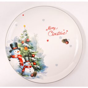   KERÁMIA TÁNYÉR, HÓEMBEREK A KARÁCSONYFA ELŐTT, MERRY CHRISTMAS FELIRAT