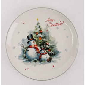   KERÁMIA TÁNYÉR, HÓEMBEREK A KARÁCSONYFA ELŐTT, MERRY CHRISTMAS FELIRAT