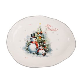   KERÁMIA TÁNYÉR, HÓEMBEREK A KARÁCSONYFA ELŐTT, MERRY CHRISTMAS FELIRAT