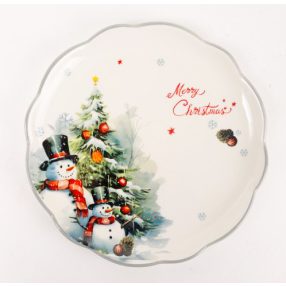  KERÁMIA TÁNYÉR, HÓEMBEREK A KARÁCSONYFA ELŐTT, MERRY CHRISTMAS FELIRAT