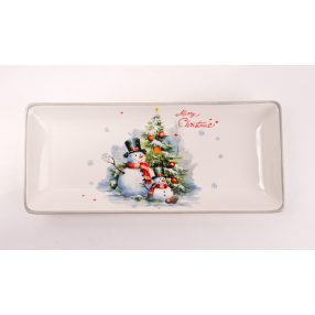   KERÁMIA TÁL, HÓEMBEREK A KARÁCSONYFA ELŐTT, MERRY CHRISTMAS FELIRAT