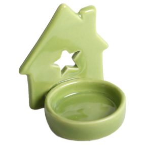 PORCELÁN MÉCSESTARTÓ TÁL HÁZZAL, CSILLAGOS, ZÖLD