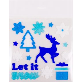   ABLAKZSELÉ RÉNSZARVAS, LET IT SNOW FELIRAT, KÉK ÉS FEHÉR