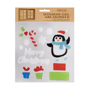   ABLAKZSELÉ PINGVIN ÉS AJÁNDÉKOK.  MERRY CHRISTMAS FELIRAT FEHÉR