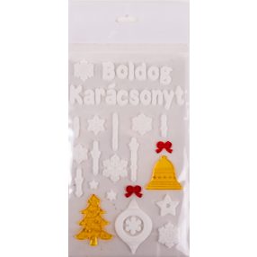  ABLAKZSELÉ  BOLDOG KARÁCSONYT FELIRAT, FEHÉR ÉS ARANY, DÍSZEK