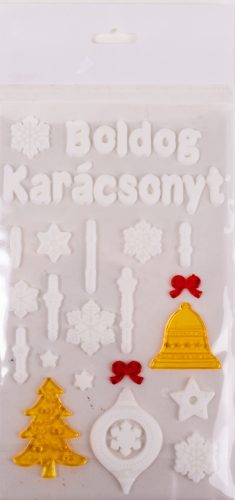 ABLAKZSELÉ  BOLDOG KARÁCSONYT FELIRAT, FEHÉR ÉS ARANY, DÍSZEK