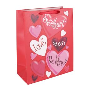   PAPÍRTASAK MATT, SZALAG FÜLLEL, PIROS ALAPON SZÍVEK, LOVE/SWEETHEART/EGYÉB FELIRATOKKAL