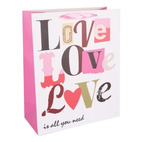   PAPÍRTASAK MATT, SZALAG FÜLLEL, FEHÉR ALAPON LOVE/LOVE/LOVE FELIRATTAL