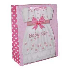   PAPÍRTASAK MATT, GLITTERES, SZALAG FÜLLEL, RÓZSASZÍN BABARUHA MINTA, BABY GIRL FELIRATTAL