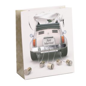   PAPÍRTASAK, MATT, EZÜST NYOMÁSSAL, SZALAG FÜLLEL, KOCSI ÉS KONZERVDOBOZOK MINTÁVAL, JUST MARRIED FELIRATTAL