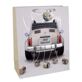   PAPÍRTASAK, MATT, EZÜST NYOMÁSSAL, SZALAG FÜLLEL, KOCSI ÉS KONZERVDOBOZOK MINTÁVAL, JUST MARRIED FELIRATTAL