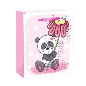   PAPÍRTASAK MATT, SZALAG FÜLLEL, PANDA RÓZSASZÍN GERBERÁVAL