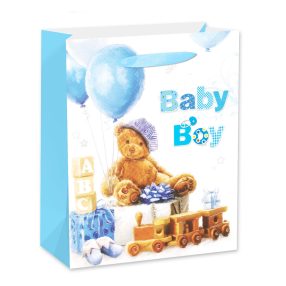   PAPÍRTASAK MATT, FÉNYES, SZALAG FÜLLEL, FEHÉR ALAPON MACKÓ KÉK LUFIKKAL, AJÁNDÉKOKKAL, BABY BOY FELIRATTAL