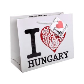   PAPÍRTASAK FÉNYES, FEHÉR ALAPON FEKETE I LOVE HUNGARY FELIRATTAL, PIROS MATYÓ SZÍVVEL