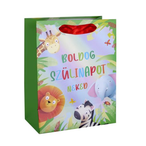 PAPÍRTASAK IZIRÁLÓS FÓLIÁVAL BEVONT, BOLDOG SZÜLINAPOT NEKED FELIRAT, CSODÁLKOZÓS VADÁLLATOK