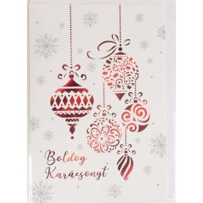   KÉPESLAP+BORÍTÉK, PIROS FÜGGŐ DÍSZEK,  BOLDOG KARÁCSONYT FELIRAT