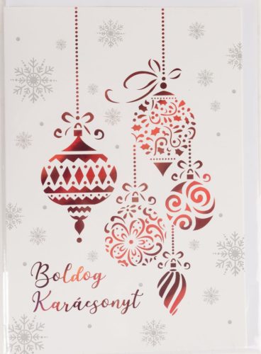 KÉPESLAP+BORÍTÉK, PIROS FÜGGŐ DÍSZEK,  BOLDOG KARÁCSONYT FELIRAT