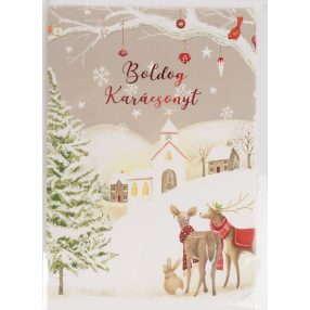   KÉPESLAP+BORÍTÉK, TEMPLOM, HAVAS FENYŐ ÉS ŐZEK, BOLDOG KARÁCSONYT FELIRAT