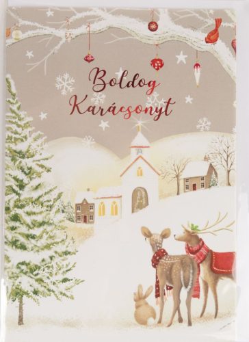 KÉPESLAP+BORÍTÉK, TEMPLOM, HAVAS FENYŐ ÉS ŐZEK, BOLDOG KARÁCSONYT FELIRAT