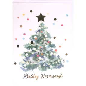   KÉPESLAP+BORÍTÉK, KARÁCSONYFA FELDÍSZÍTVE, BOLDOG KARÁCSONYT FELIRAT